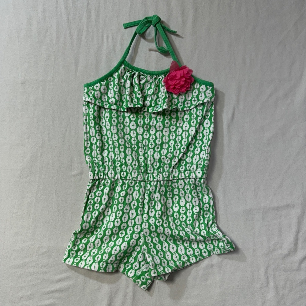 Gymboree Romper Girl’s 4 Green Shite Striped Flower Tank Short Combo Summer Play